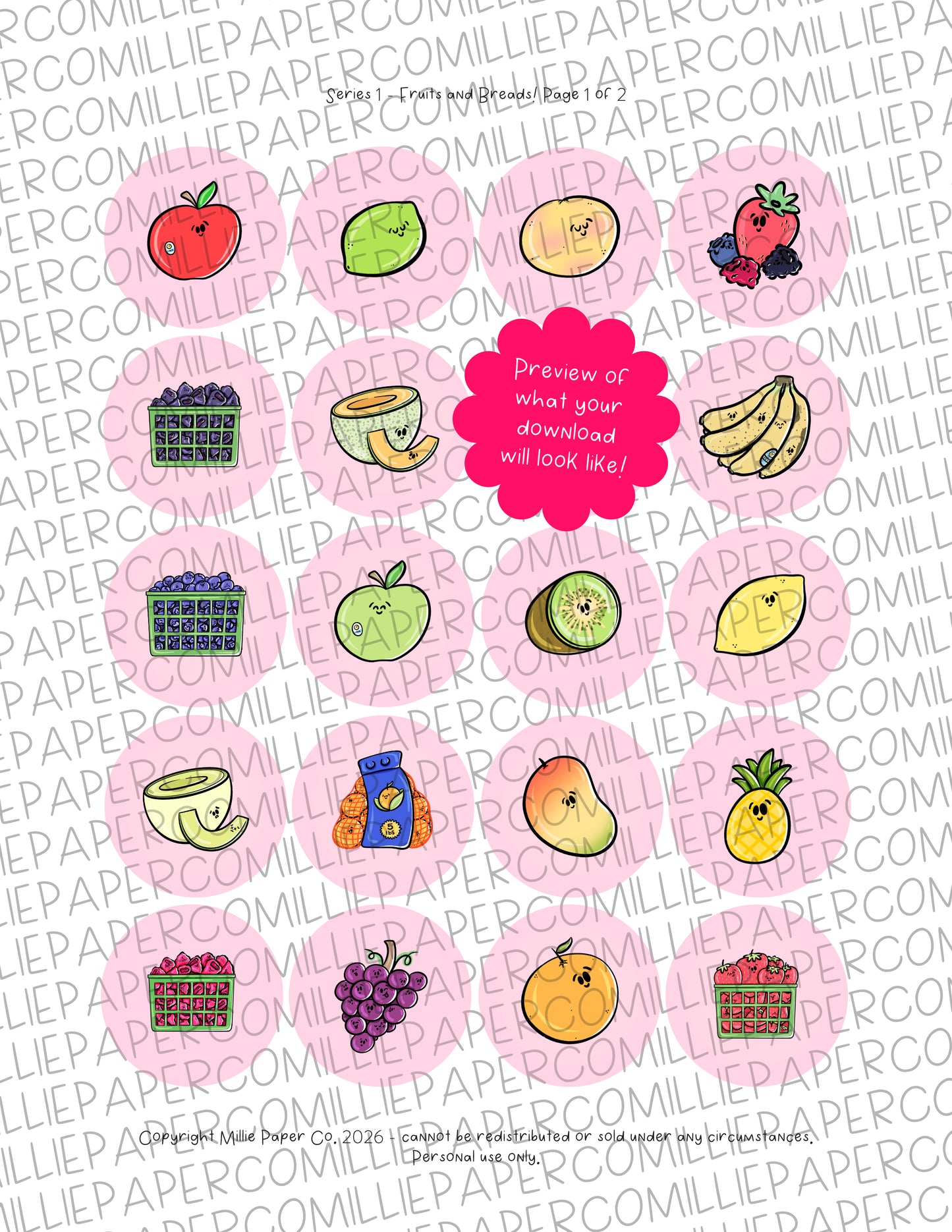 Series 1 Fruits + Breads DIGITAL DOWNLOAD Button Fridge Magnets